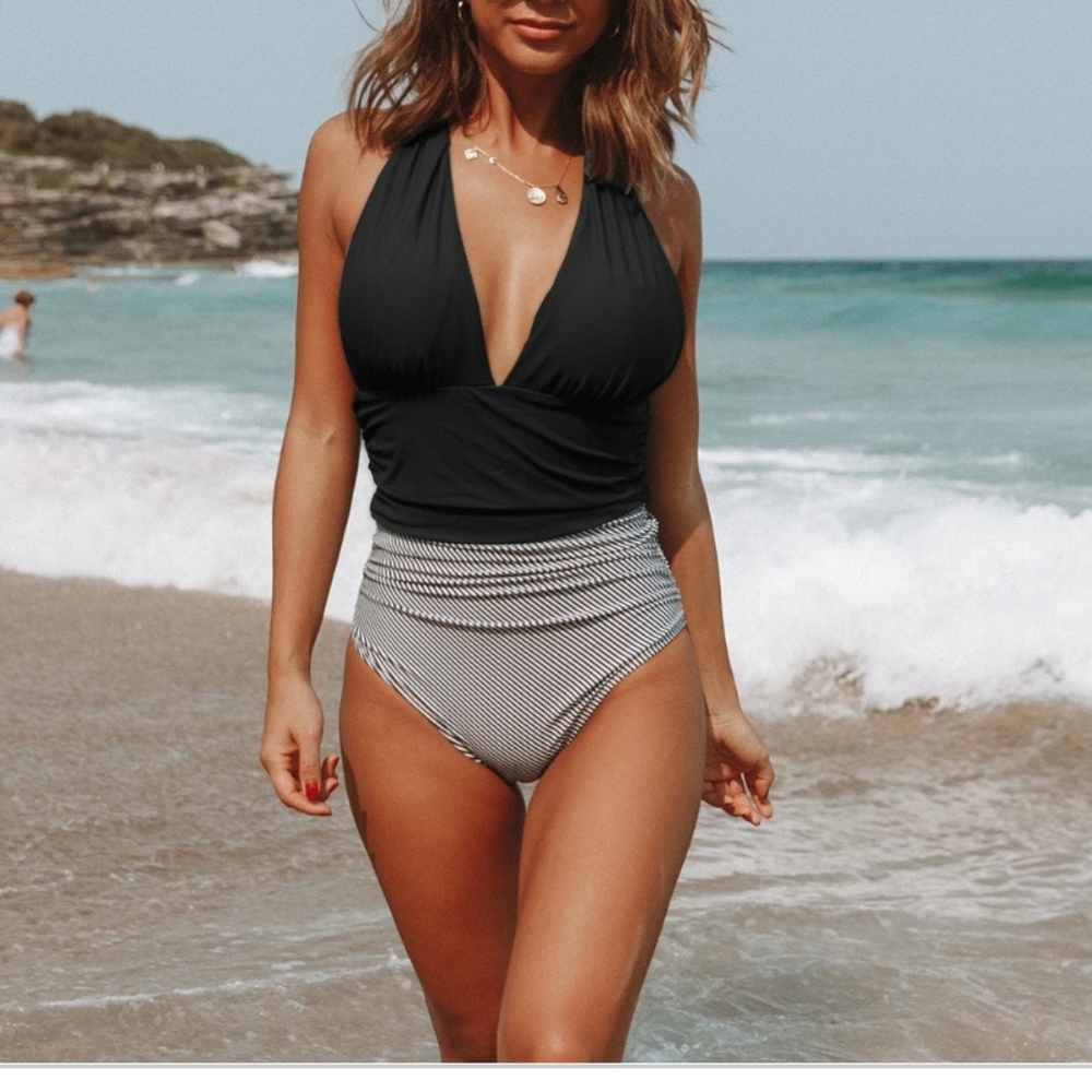 Halter Retro Stripe 1 Piece Swimsuit